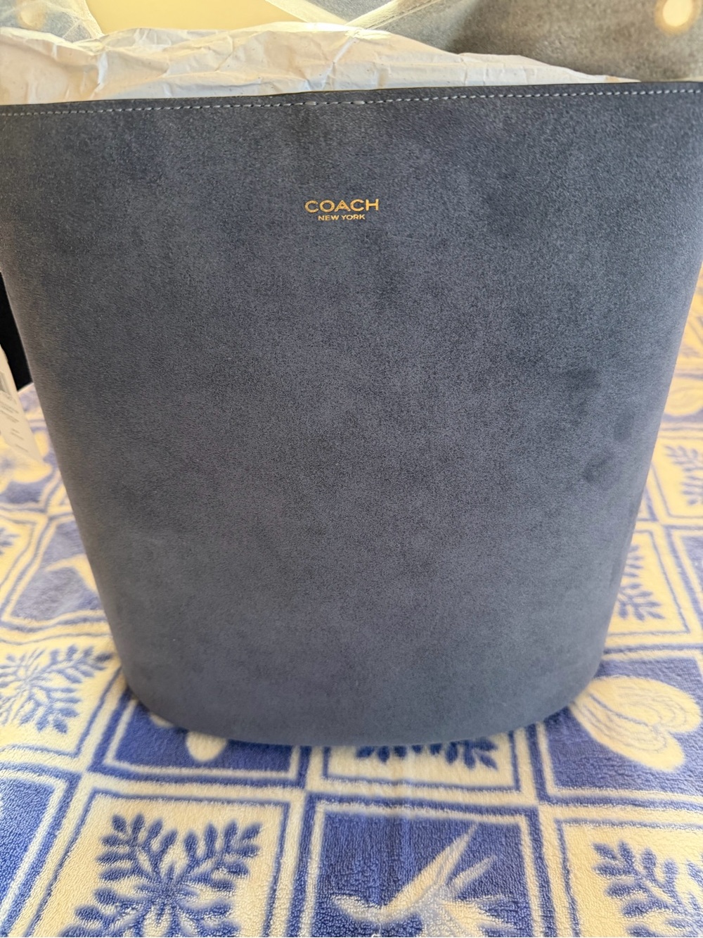 Coach Navy Suede Bucket Crossbody Bag with Gold, With pouchLogo. 11.5 x 10.5 x 6